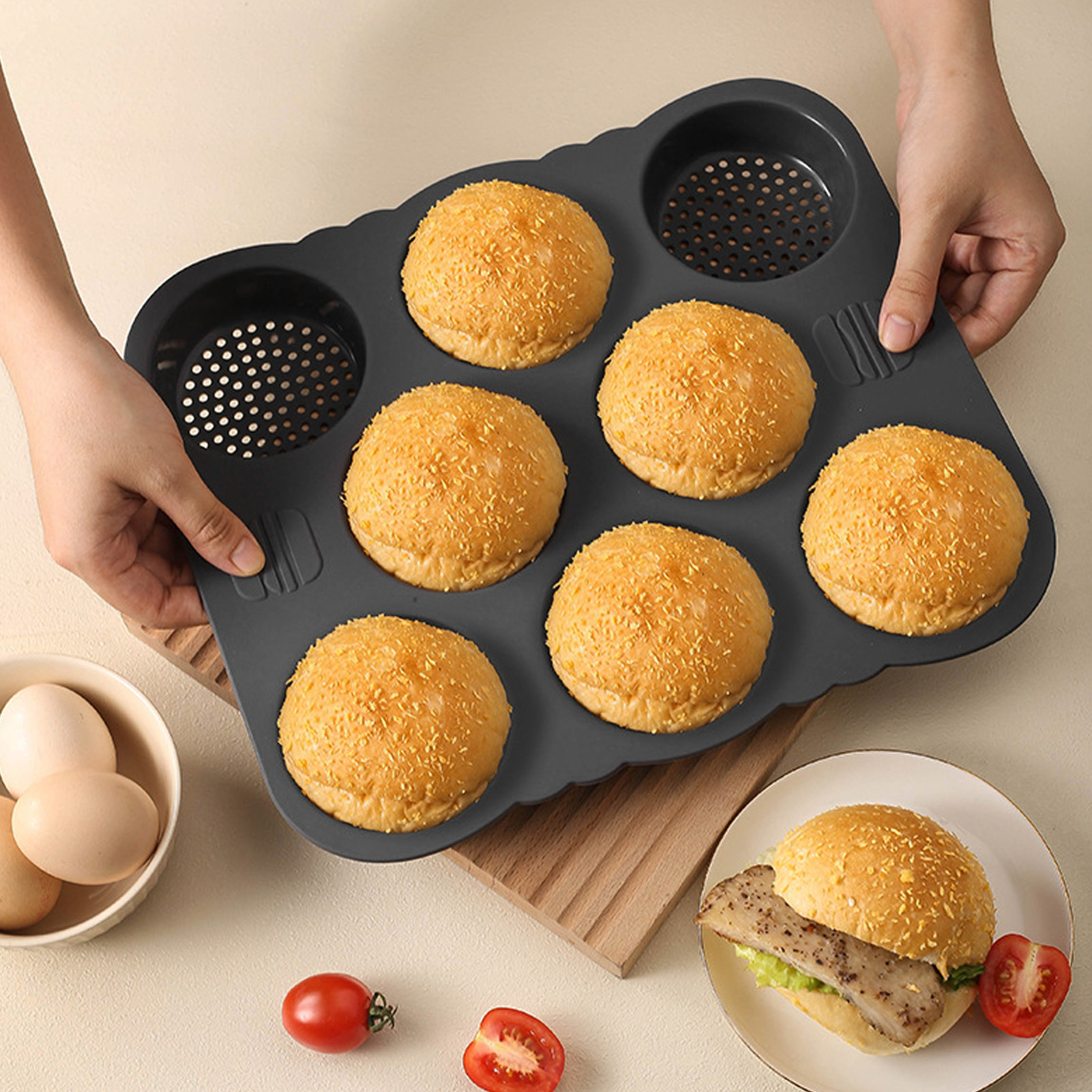 Hamburger Bun Mold Silicone 8  - đánh giá và giá Kitchen Set Bakery